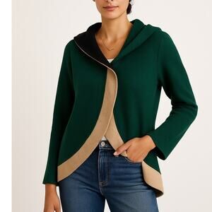 Anthropologie Rosie Neira Boiled Wool Hooded Jacket Emerald Tan Black